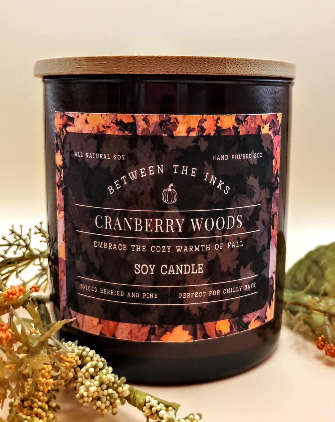 Fall Candles Cranberry Woods 8oz candle in an Amber Jar with Bamboo lid