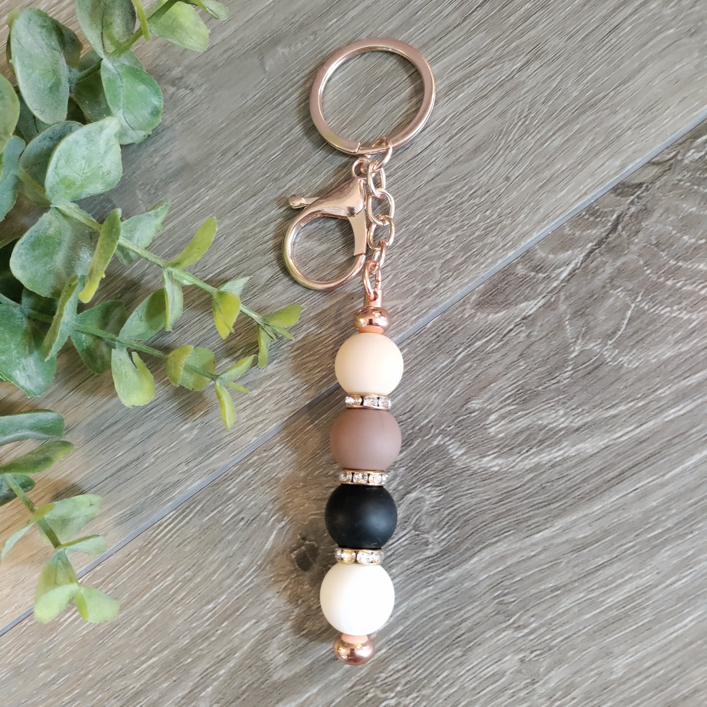 Rose Gold Keychain Hazelnut Beige Black Beads