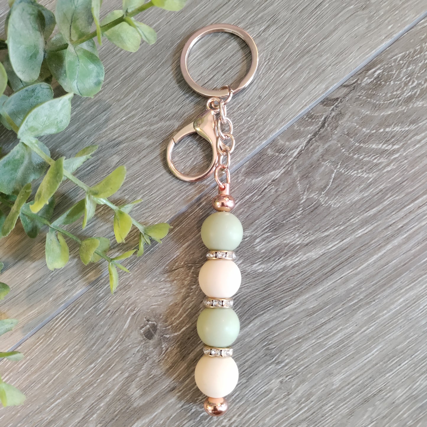 Rose Gold Keychain Sage Beige Beads
