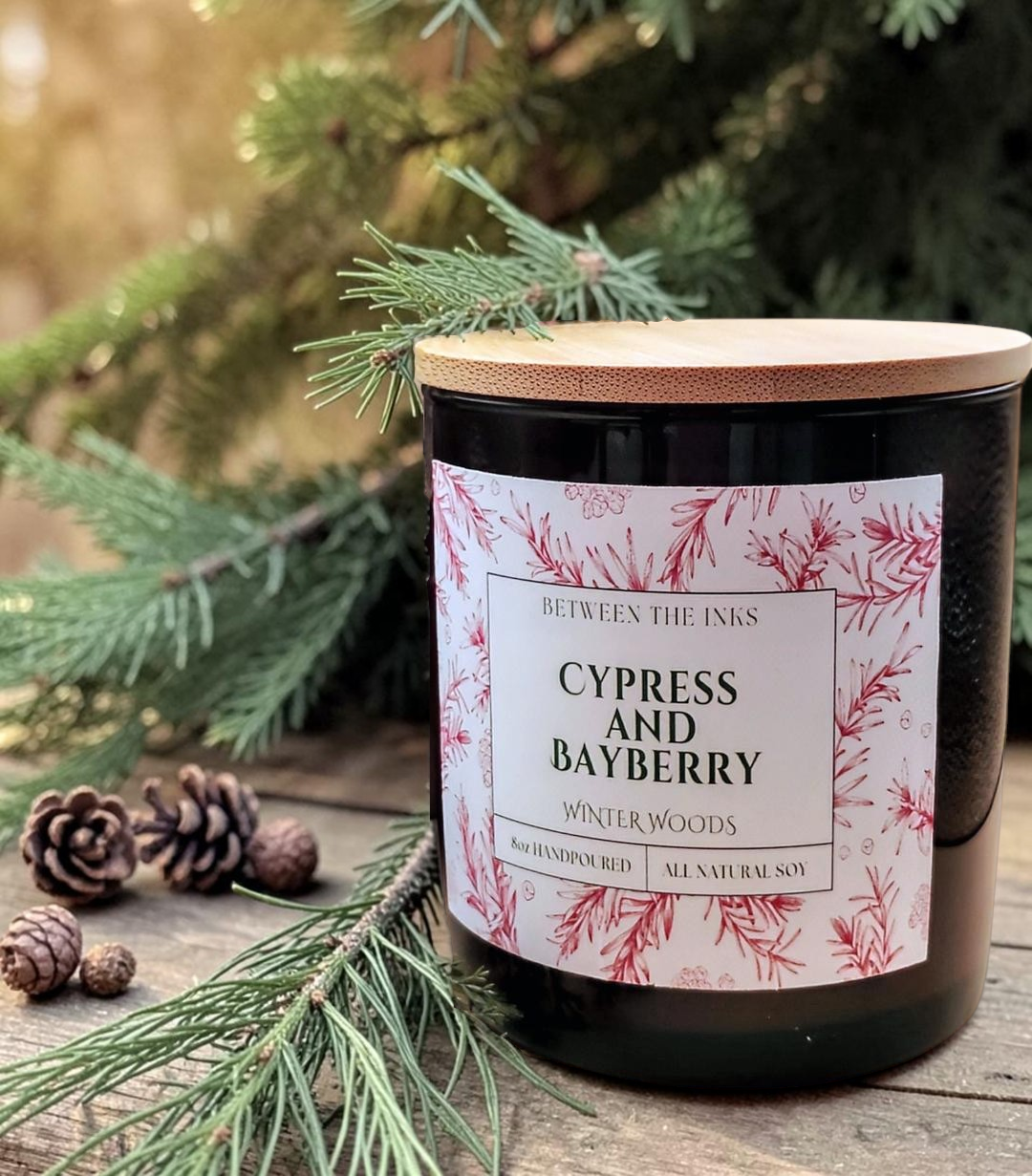 Christmas Candles Cypress and Bayberry 8 oz glass jar with bamboo lid
