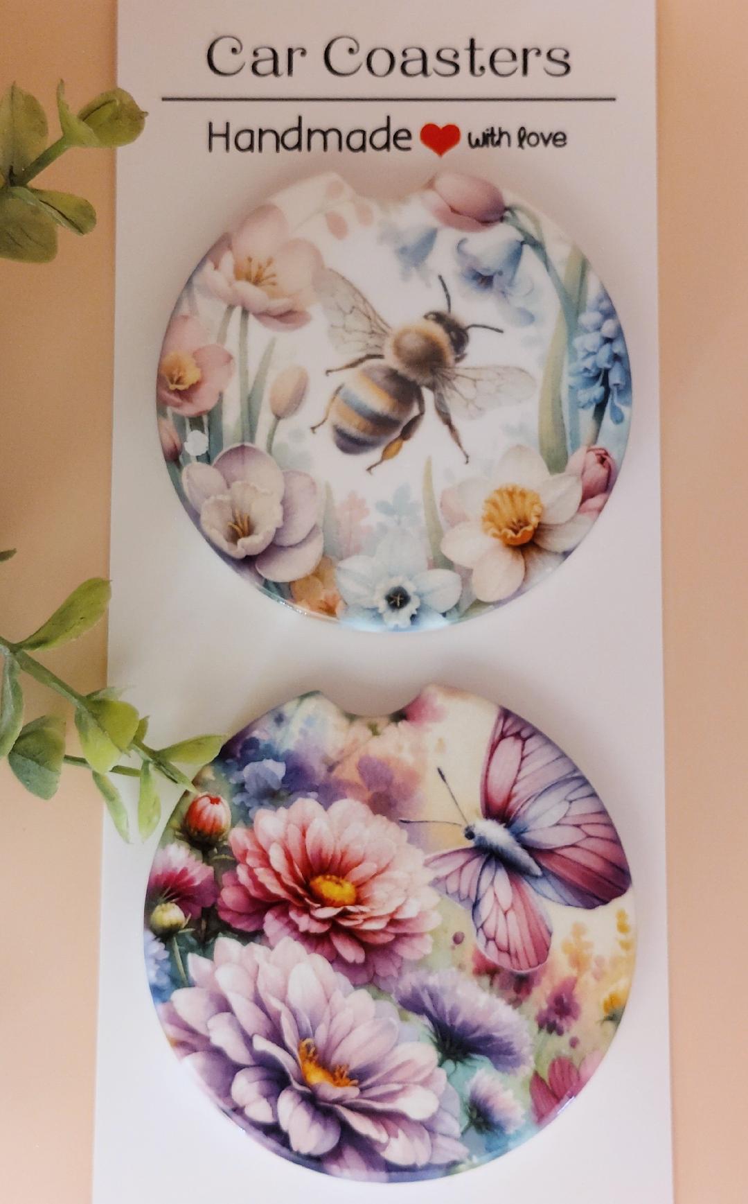 Ceramic Car Coasters Butterfly and Bee 2