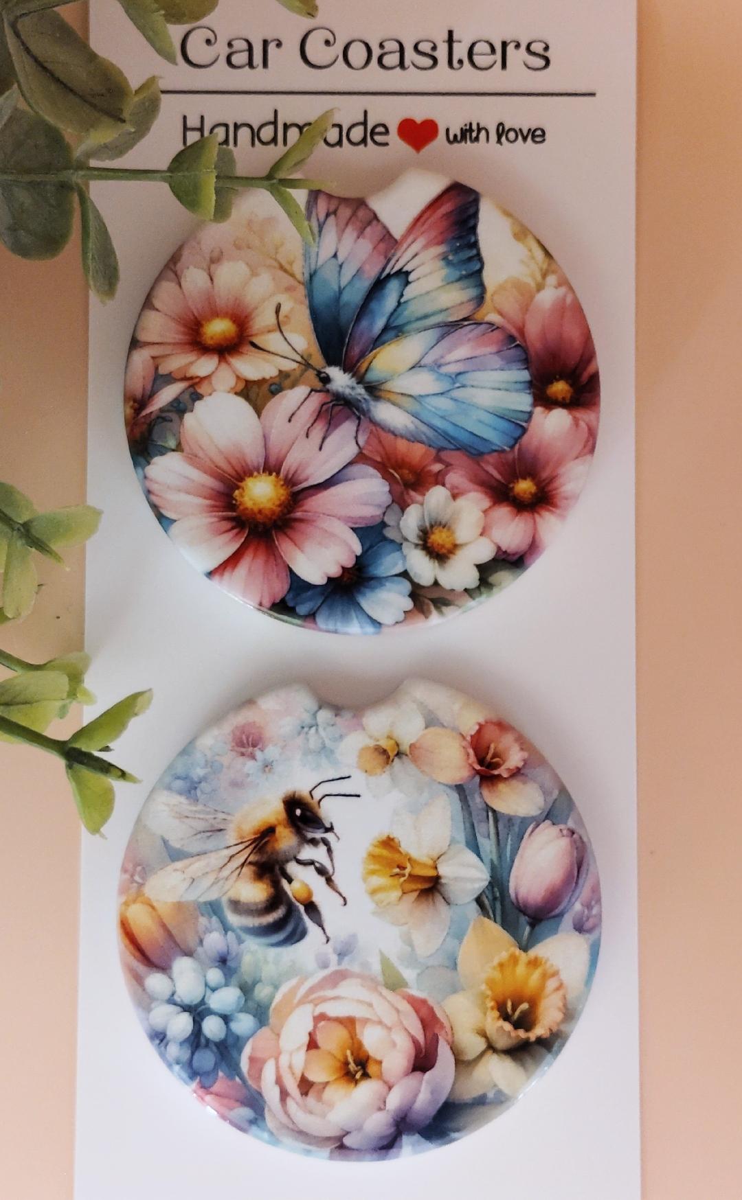 Ceramic Car Coasters Butterfly and Bee 1