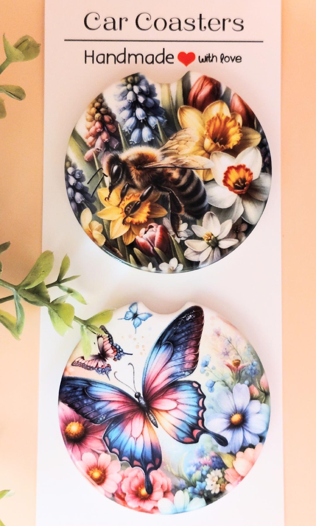 Ceramic Car Coasters Butterfly and Bee 3