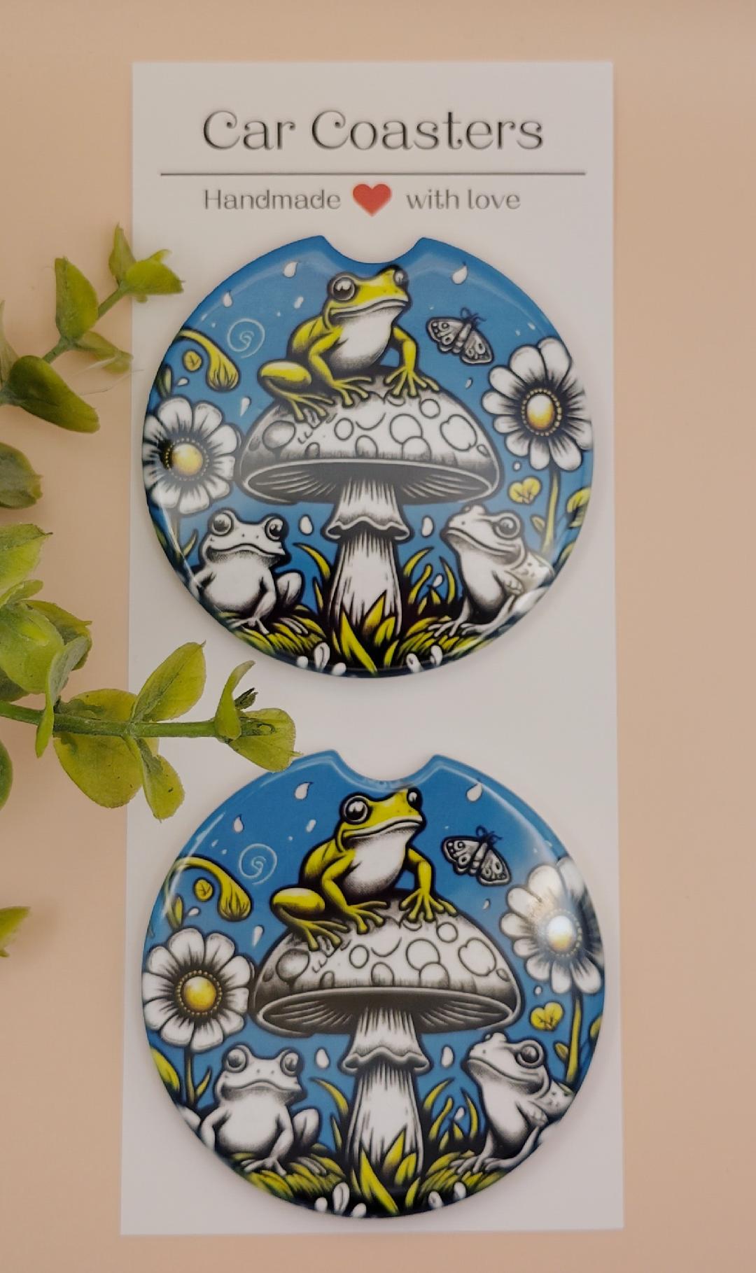 Ceramic Car Coasters Frog sitting on a Mushroom