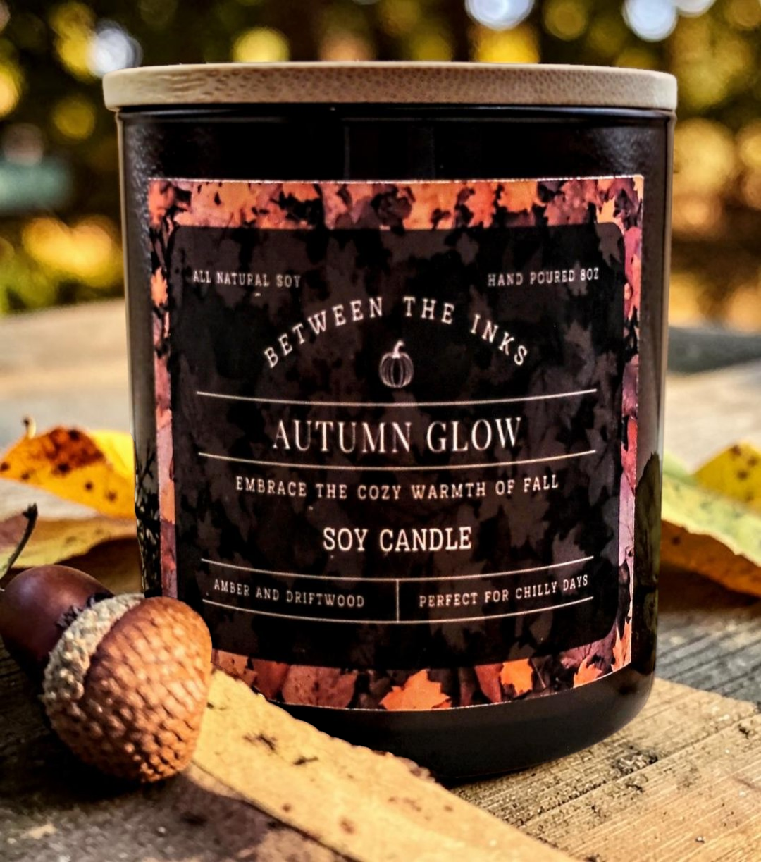 Fall Candles   8oz Autumn Glow in an Amber Jar with a bamboo lid