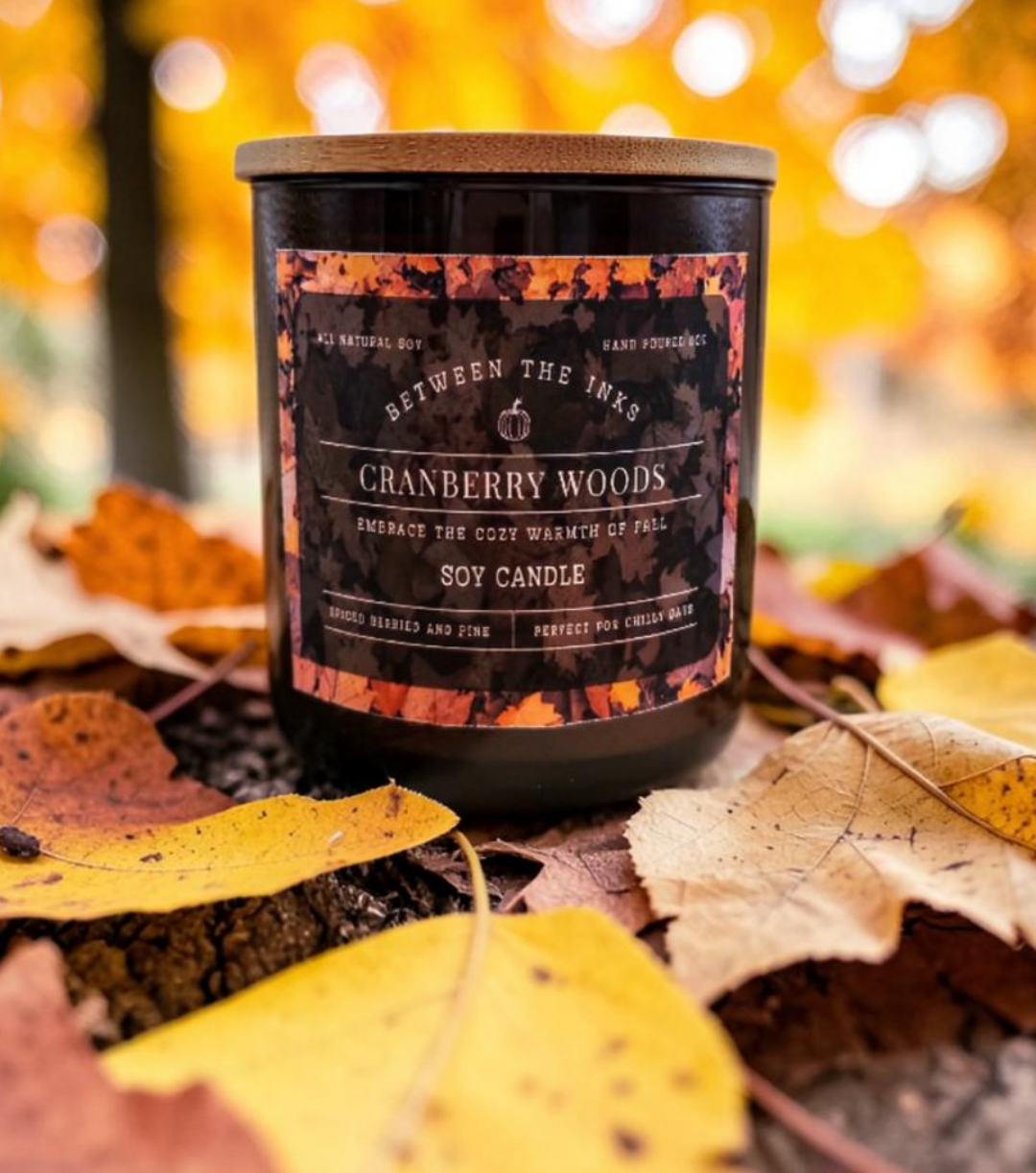 Fall Candles Cranberry Woods  8oz candle in an Amber Jar with Bamboo lid