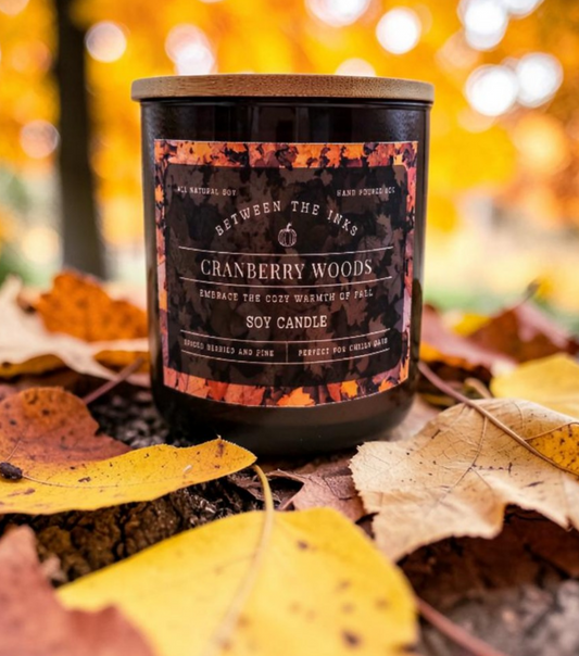 Fall Candles Cranberry Woods  8oz candle in an Amber Jar with Bamboo lid