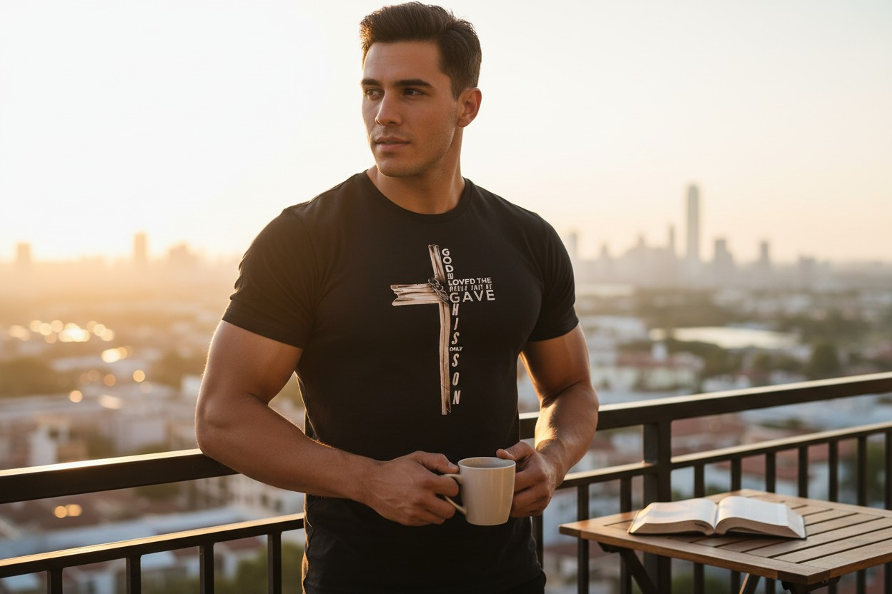 Mens shirt with God so loved the world scripture