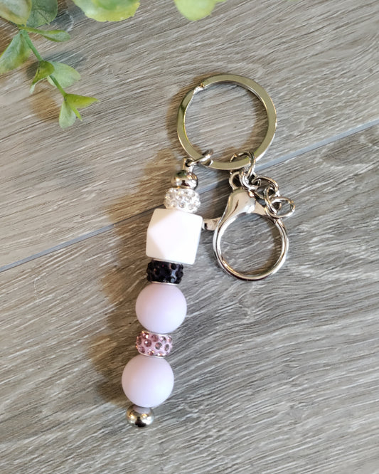 Silver Keychain Hexagon White Round Lavender beads