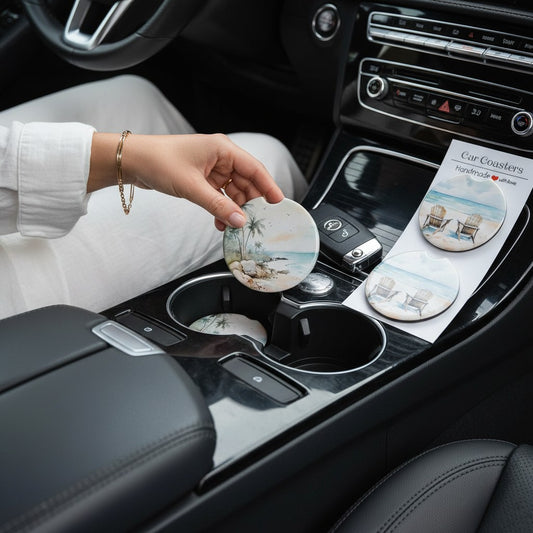Between the Inks ceramic car coasters with beach scene designs placed in a vehicle cup holder