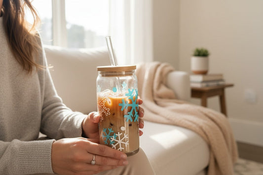 Between the Inks 12oz can glass with blue and white snowflake pattern, featuring a bamboo lid and glass straw.