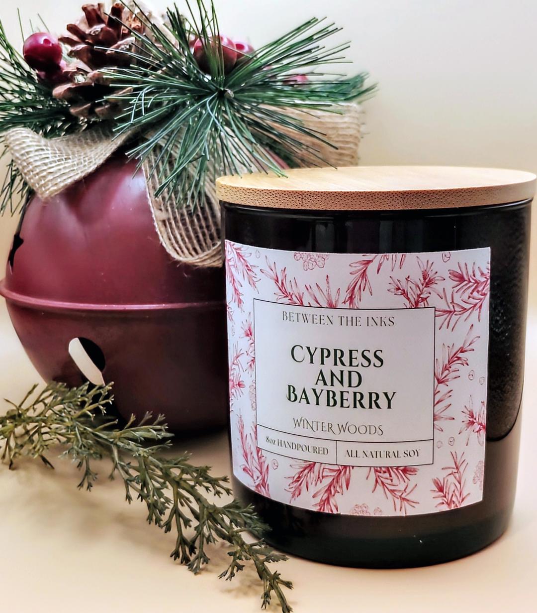 Christmas Candles Cypress and Bayberry 8 oz glass jar with bamboo lid