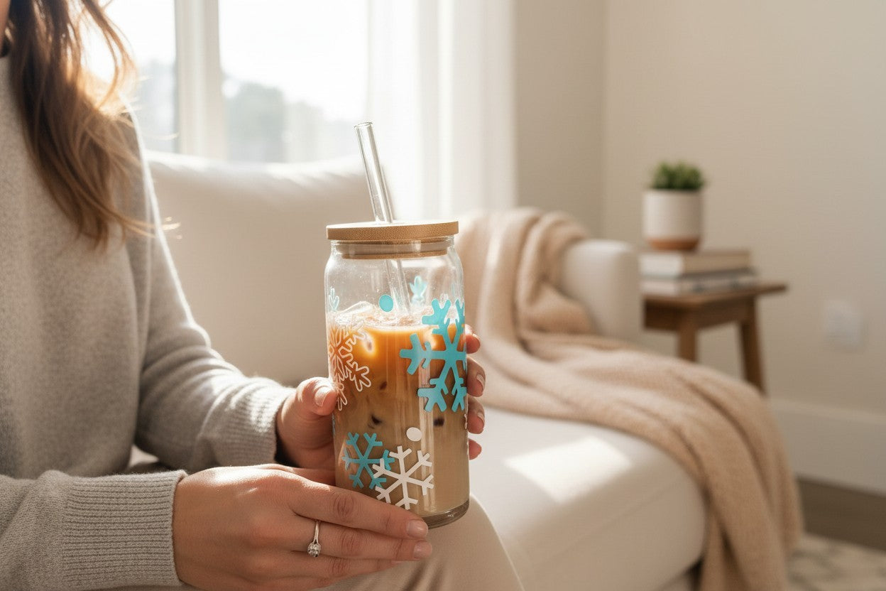 12oz can glass with blue and white snowflakes